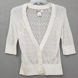 SO Womens M Cardigan White Pointelle Open Knit Short Sleeve V Neck Cottagecore